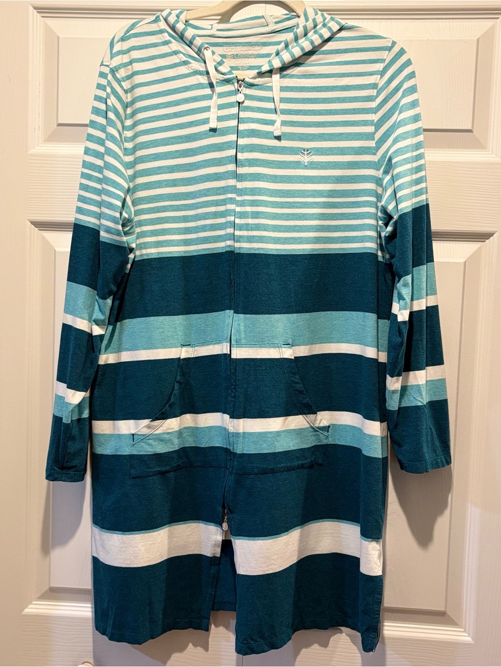 Coolibar Teal Striped Hooded Zip Beach Vacation Coverup Dress Bamboo UPF 50 Sz L